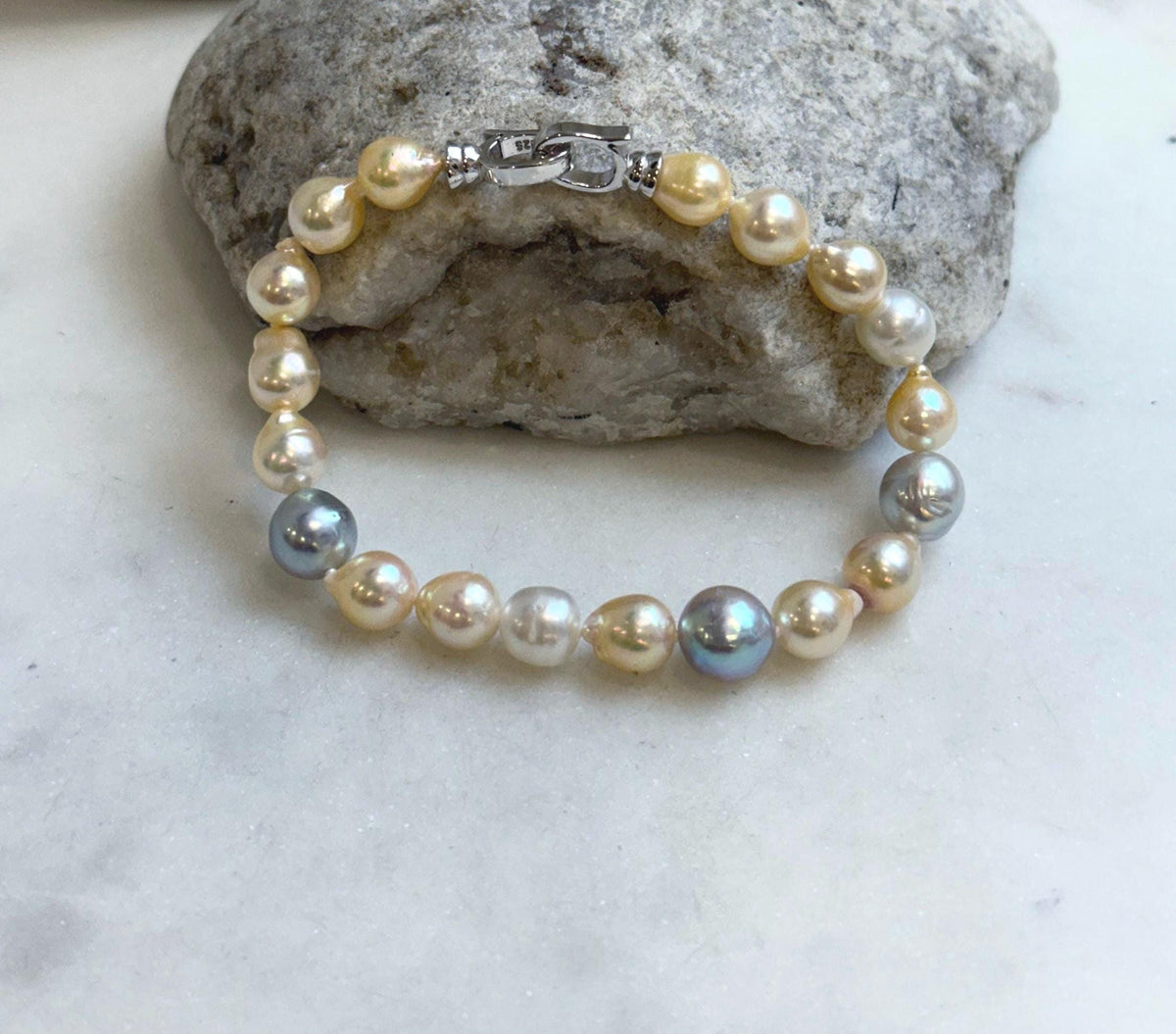 Multicolor Ocean Pearls Bracelet: 19pcs Akoya ocean Australian White ocean Pearls, Extreme luster, 6.7-8.5mm, 7.2” knotted