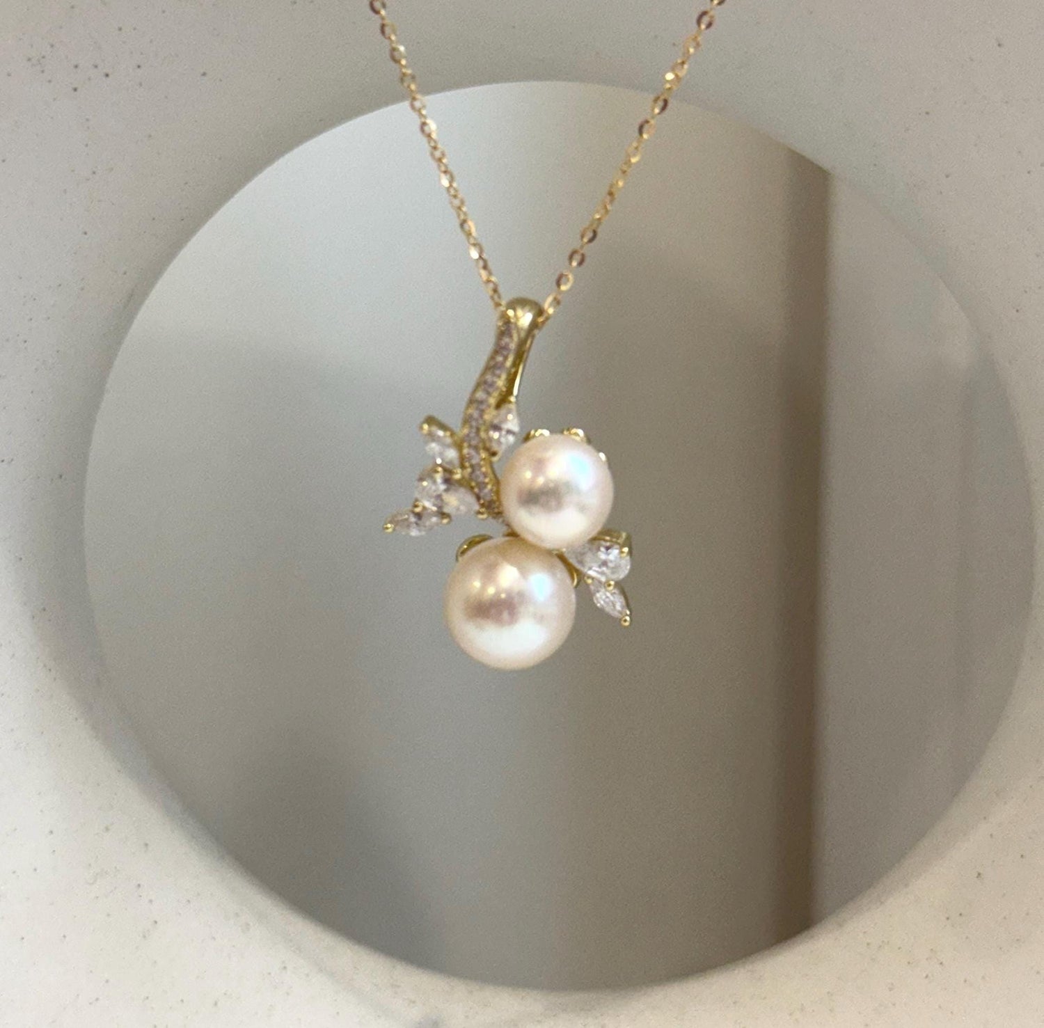 8.2-9.6mm Double Akoya Ocean Ivory Pearls floral pendant necklace set: Extreme luster mirrored, S925 silver pendant also chain.