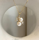 8.2-9.6mm Double Akoya Ocean Ivory Pearls floral pendant necklace set: Extreme luster mirrored, S925 silver pendant also chain.gift for her birthday