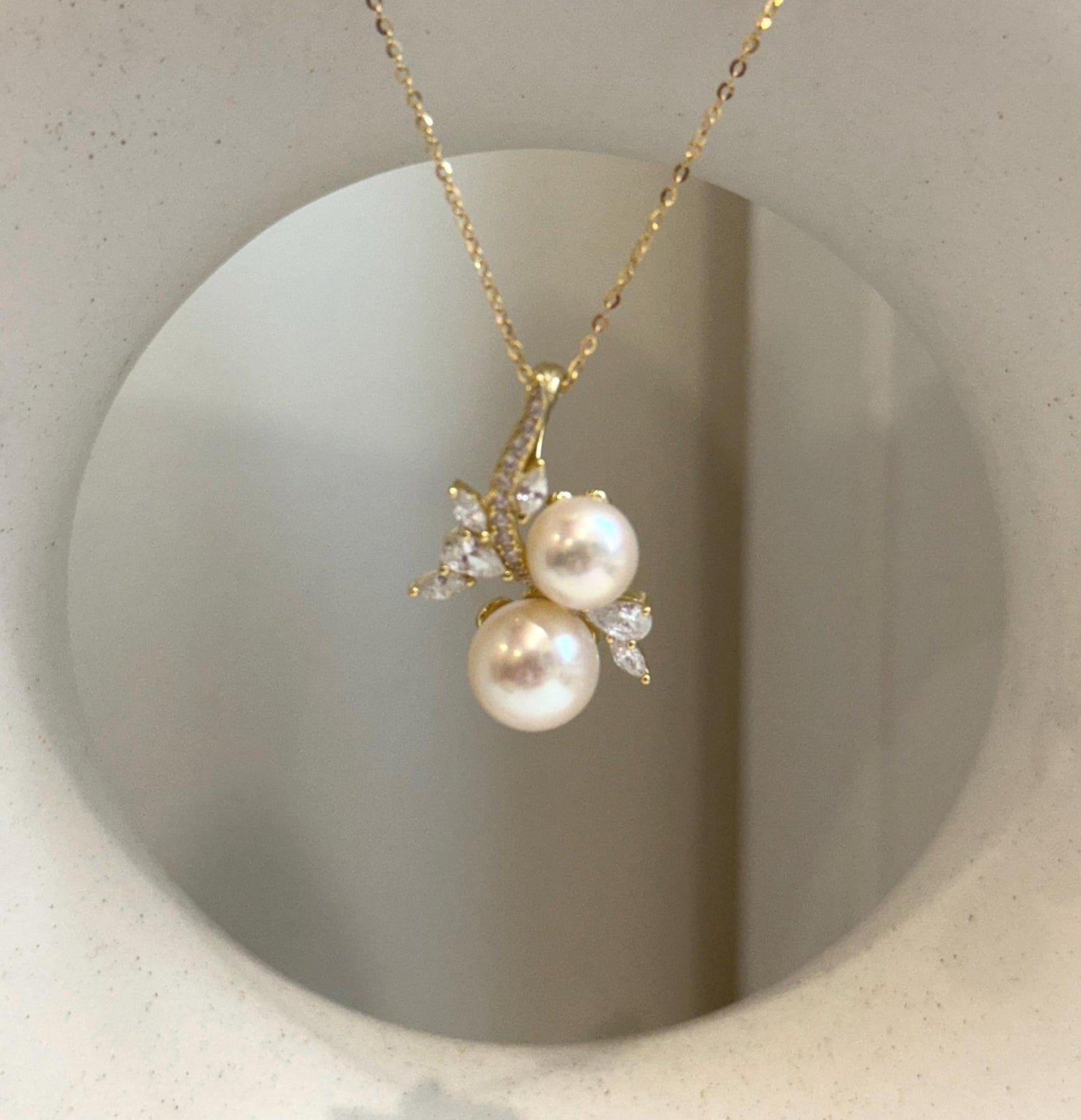 8.2-9.6mm Double Akoya Ocean Ivory Pearls floral pendant necklace set: Extreme luster mirrored, S925 silver pendant also chain.gift for her birthday
