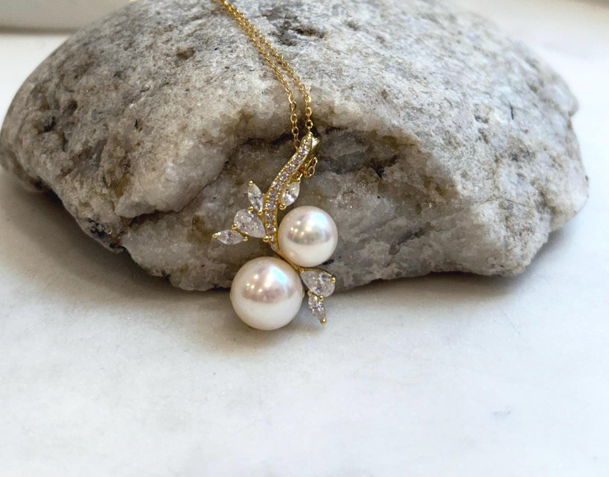 8.2-9.6mm Double Akoya Ocean Ivory Pearls floral pendant necklace set: Extreme luster mirrored, S925 silver pendant also chain. gift for her anniversary