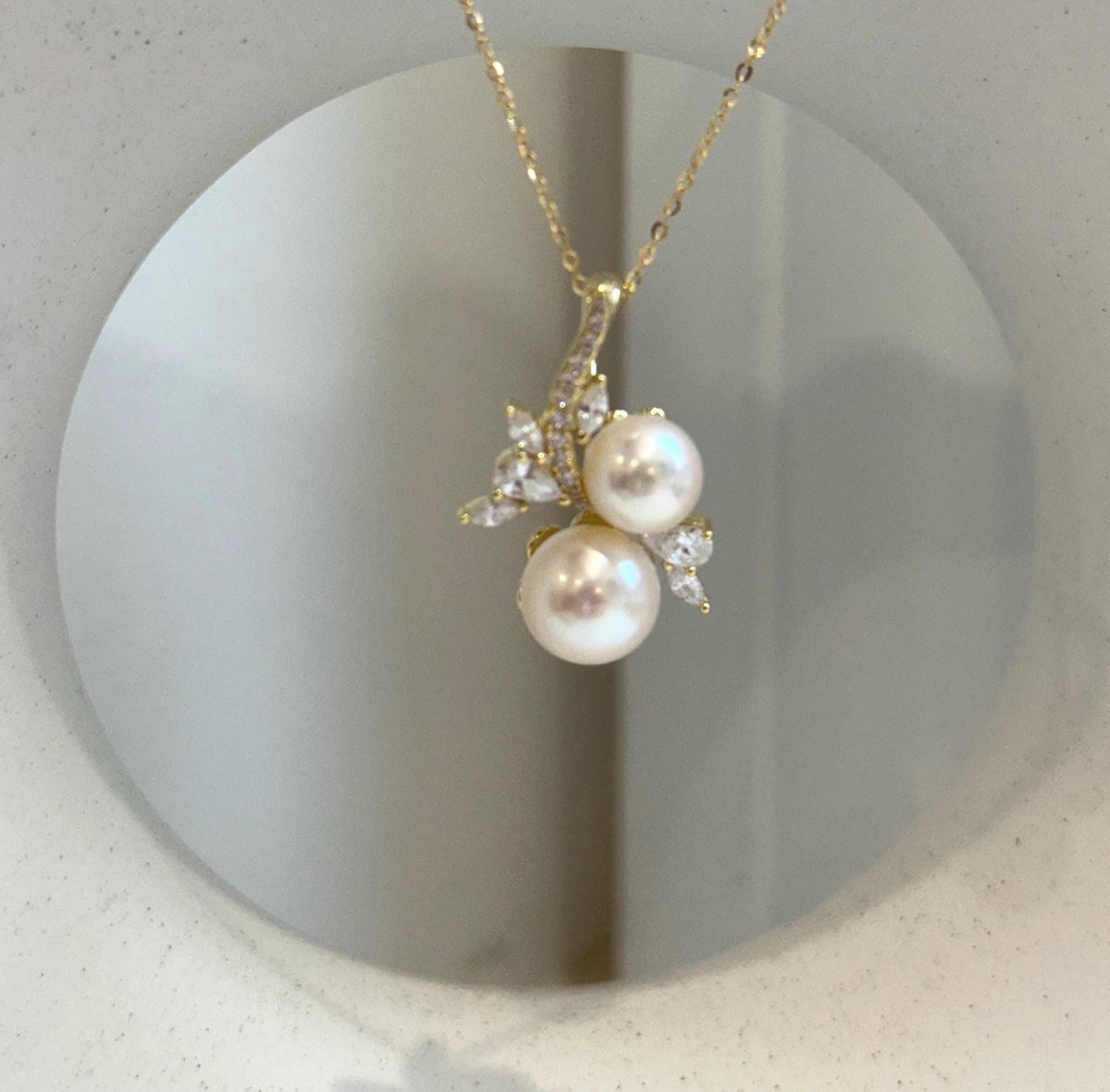 8.2-9.6mm Double Akoya Ocean Ivory Pearls floral pendant necklace set: Extreme luster mirrored, S925 silver pendant also chain.