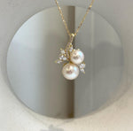 8.2-9.6mm Double Akoya Ocean Ivory Pearls floral pendant necklace set: Extreme luster mirrored, S925 silver pendant also chain.