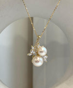 8.2-9.6mm Double Akoya Ocean Ivory Pearls floral pendant necklace set: Extreme luster mirrored, S925 silver pendant also chain.