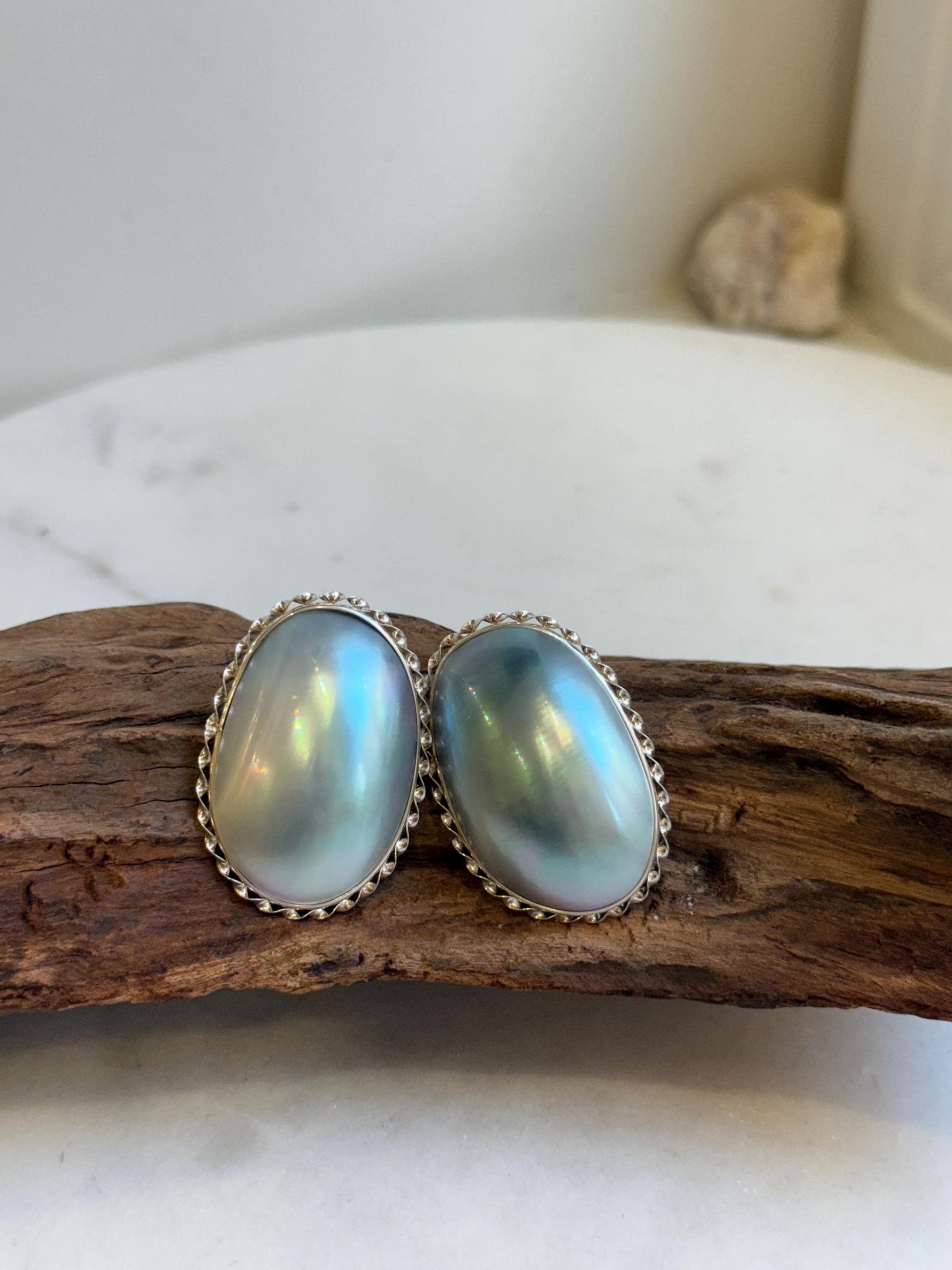 Blue iridescent Ocean Mabe Huge Earrings: Extreme luster, 2.7x3.8cm, S925 silver earrings. gift for her birthday