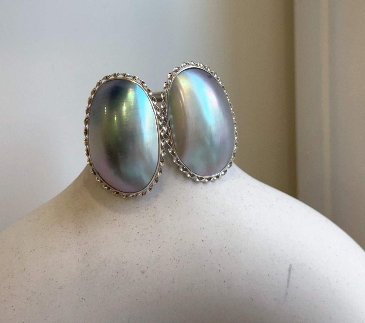 Blue iridescent Ocean Mabe Huge Earrings: Extreme luster, 2.7x3.8cm, S925 silver earrings. gift for her wedding