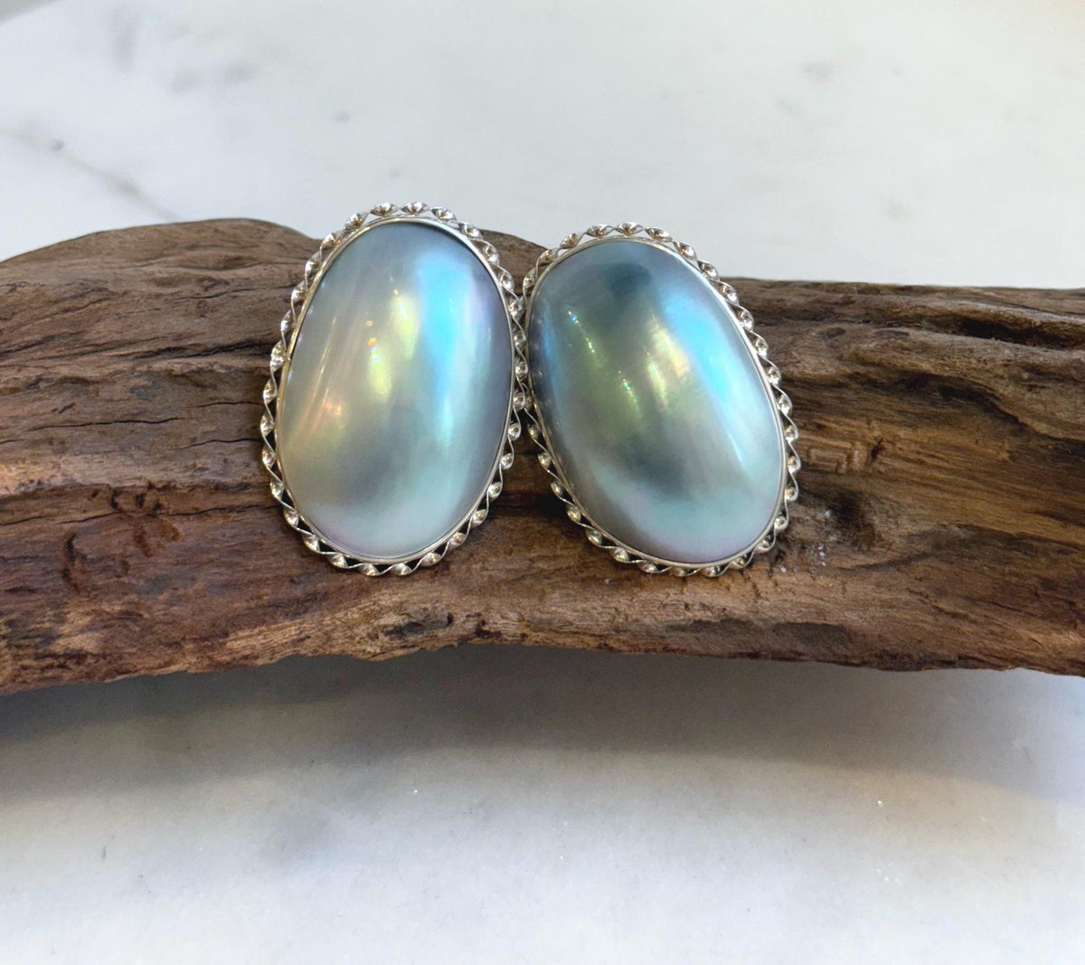 Blue iridescent Ocean Mabe Huge Earrings: Extreme luster, 2.7x3.8cm, S925 silver earrings.