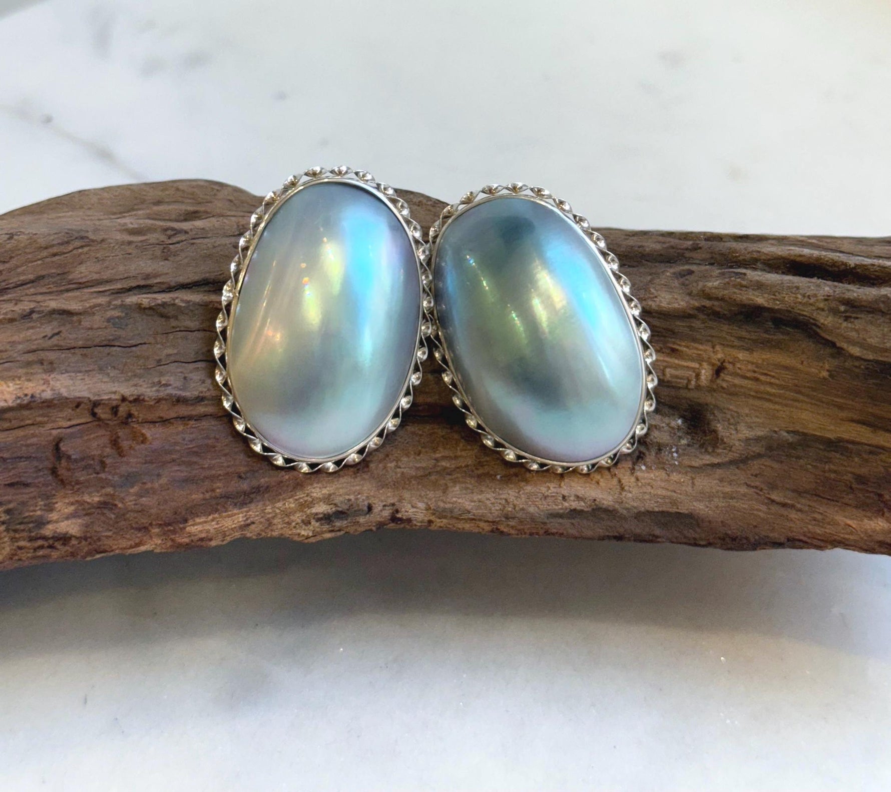 Blue iridescent Ocean Mabe Huge Earrings: Extreme luster, 2.7x3.8cm, S925 silver earrings.