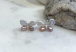 Keshi Pearls Cute Butterfly Earrings Studs: Strong luster, White Rose pearls, 1.4x2cm, S925 silver earrings studs.