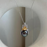 10.7mm Tahitian ocean pendant: Extreme luster mirrored, platinum green brown  pearl, 2.5cm high, S925 silver castle pendant chain set.