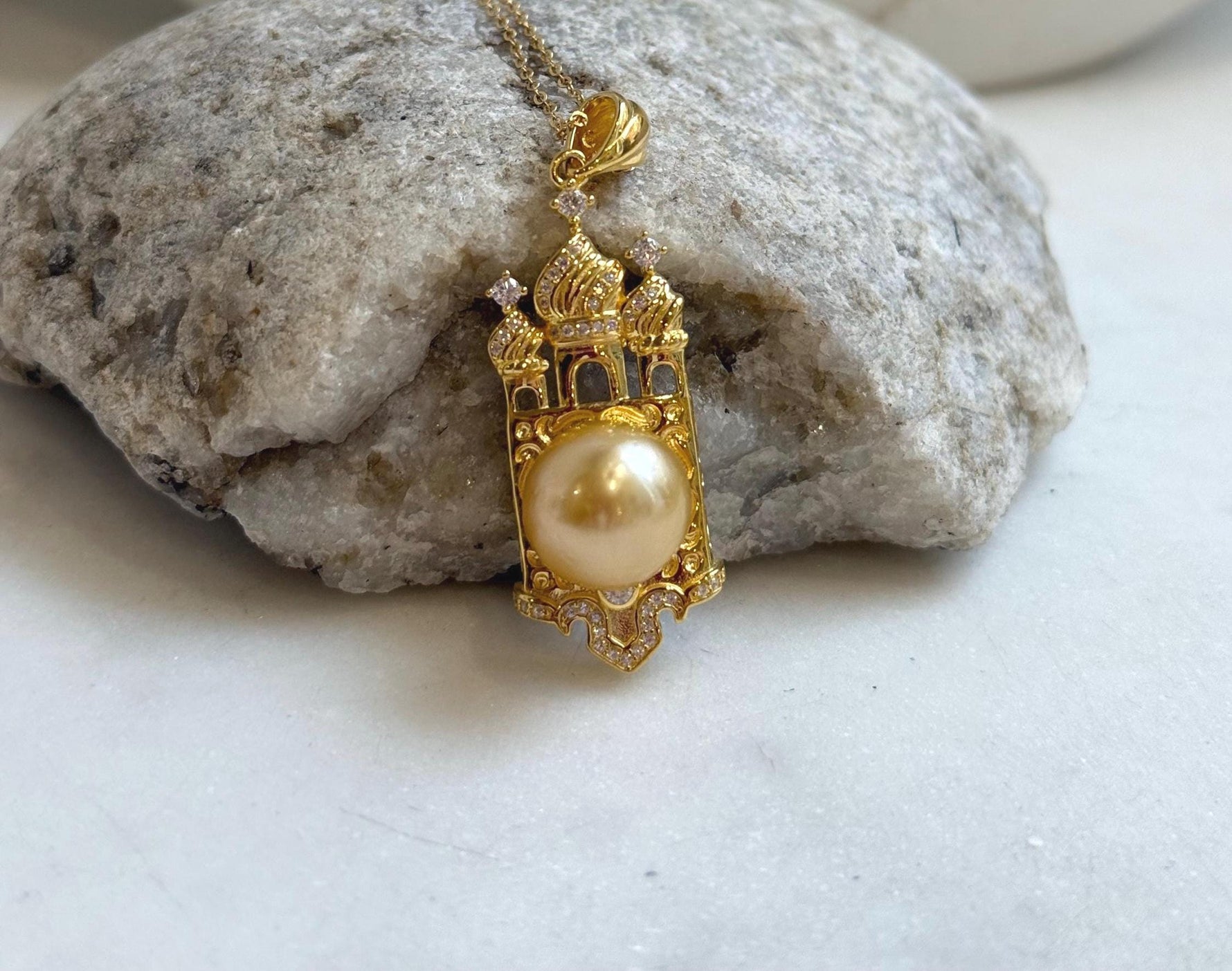 11.4mm South sea golden Pearl pendant: Extreme luster mirrored, ultra gold pearl, 4.5cm high, S925 silver castle pendant chain set. gift for her daily wear