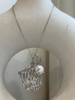 11.2mm white Pearl Brooch Pendant 2in1: Extreme Luster mirrored, white with pink hue, Seaweed 3D brooch, s925 silver chain. gift for her birthday