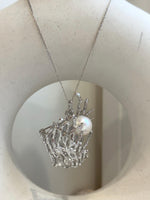 11.2mm white Pearl Brooch Pendant 2in1: Extreme Luster mirrored, white with pink hue, Seaweed 3D brooch, s925 silver chain.