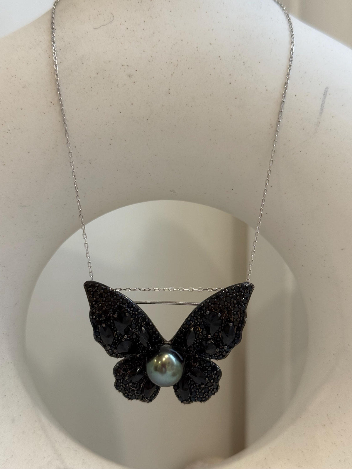 Tahitian Ocean Pearl black butterfly cool fancy Brooch Pendant 2in1: Extreme luster, 9.8mm peacock green, s925 silver chain, gift for her daily wear