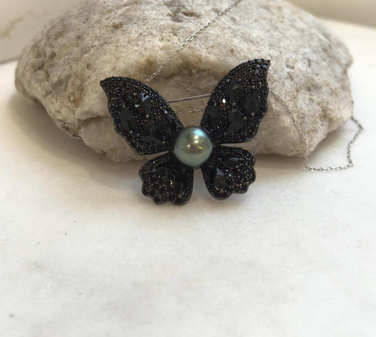 Tahitian Ocean Pearl black butterfly Brooch Pendant 2in1: Extreme luster, 9.8mm peacock green, s925 silver chain, gift for her birthday