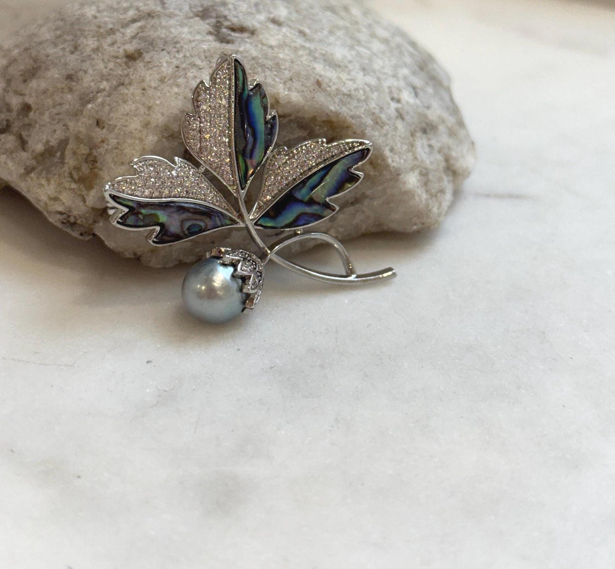 Tahitian Ocean Pearl Leaf Brooch Pendant 2in1: Extreme luster mirrored, 9.8mm silver color pearl, s925 silver chain, gift for her Christmas