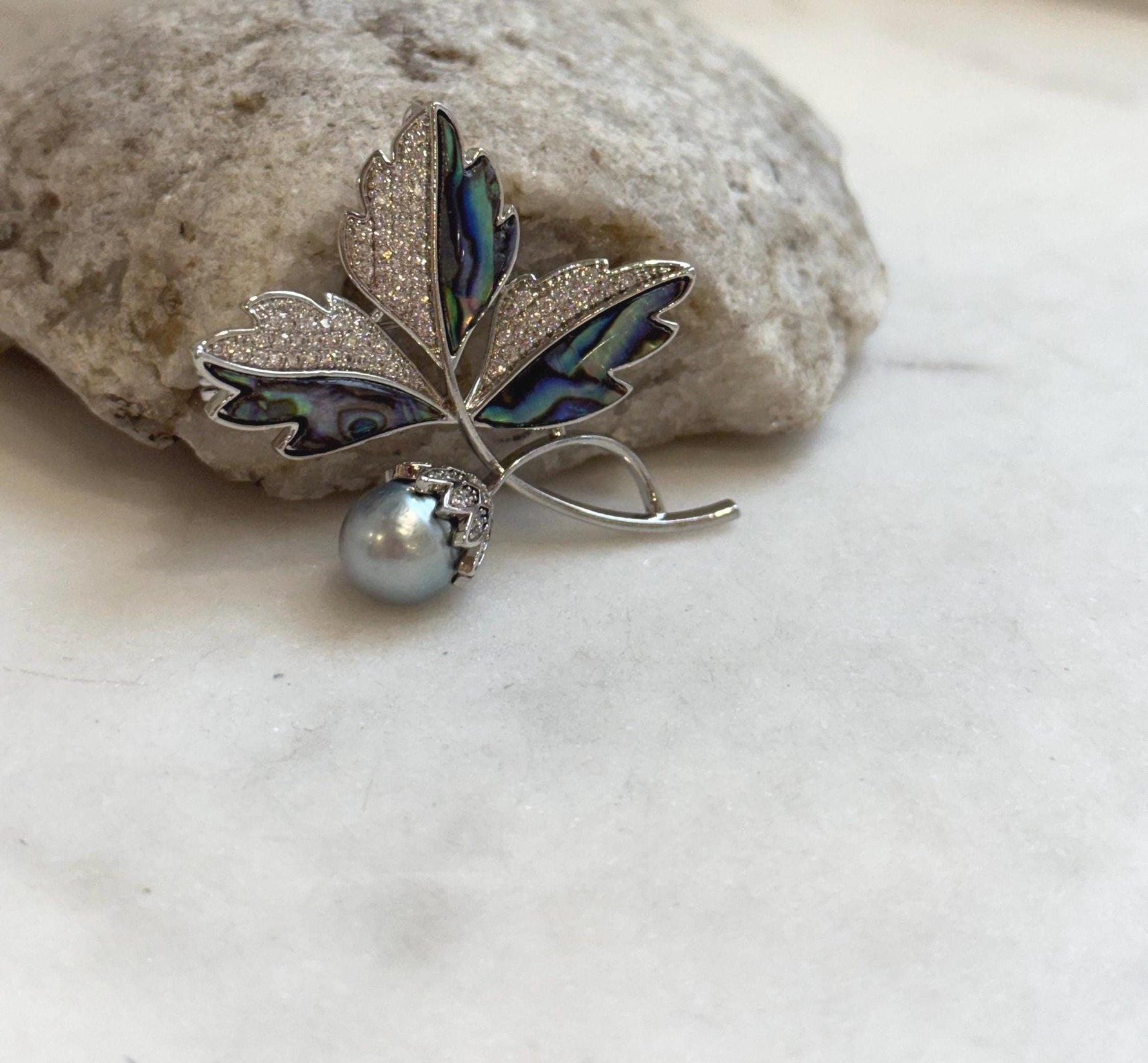 Tahitian Ocean Pearl Leaf Brooch Pendant 2in1: Extreme luster mirrored, 9.8mm silver color pearl, s925 silver chain, gift for her Christmas