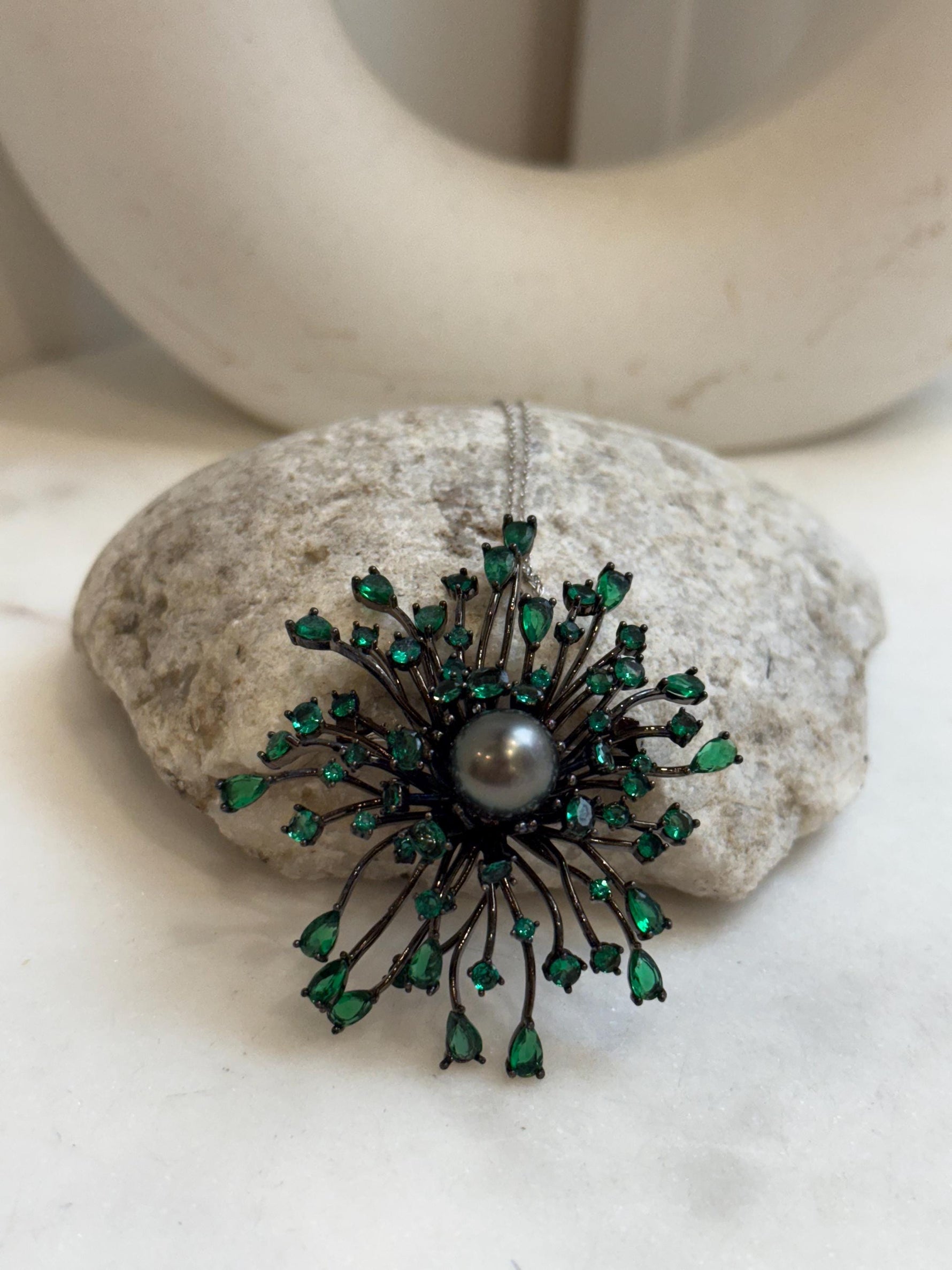 Tahitian Ocean Pearl Fireworks Brooch Pendant 2in1: Extreme luster mirrored, 10.3mm, s925 silver chain, gift for her birthday