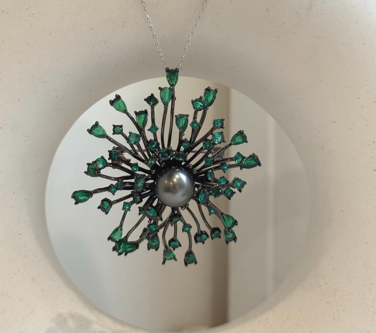 Tahitian Ocean Pearl Fireworks Brooch Pendant 2in1: Extreme luster mirrored, 10.3mm, s925 silver chain, gift for her birthday