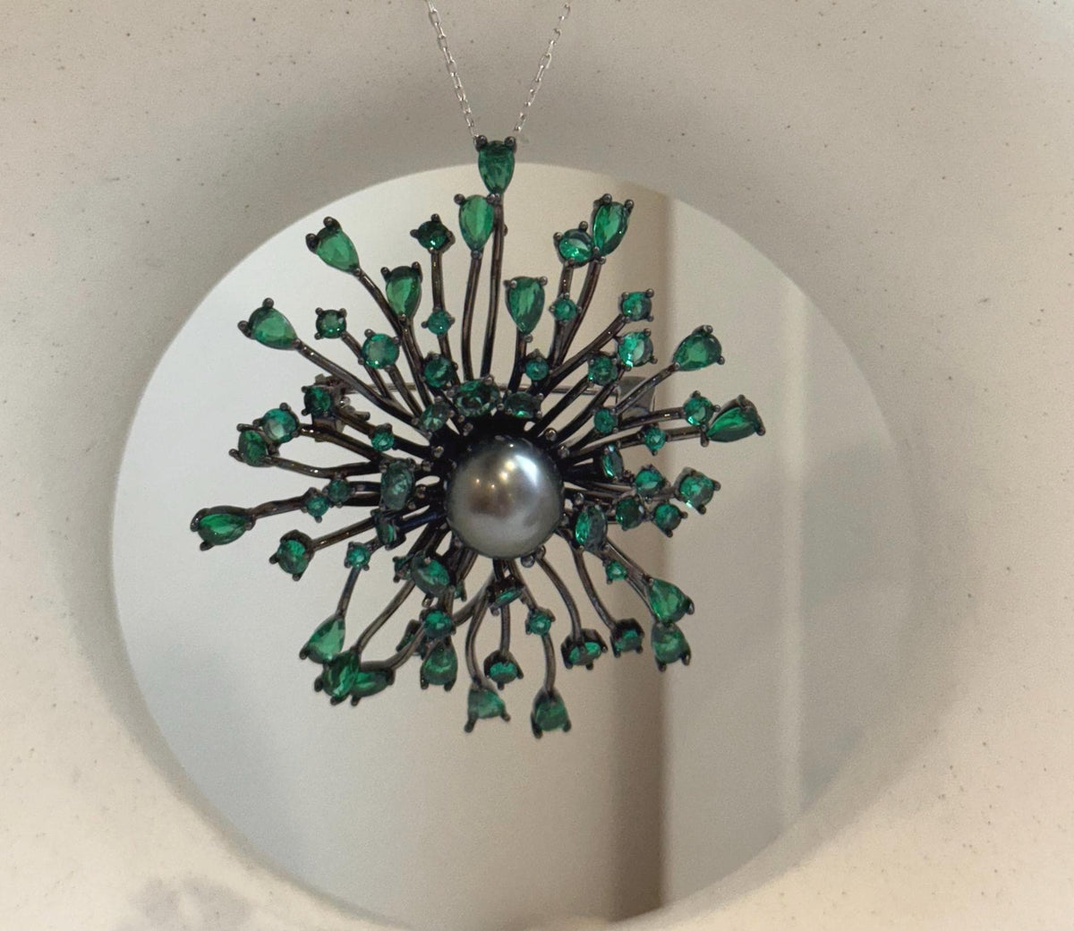 Tahitian Ocean Pearl Fireworks Brooch Pendant 2in1: Extreme luster mirrored, 10.3mm, s925 silver chain, gift for her birthday