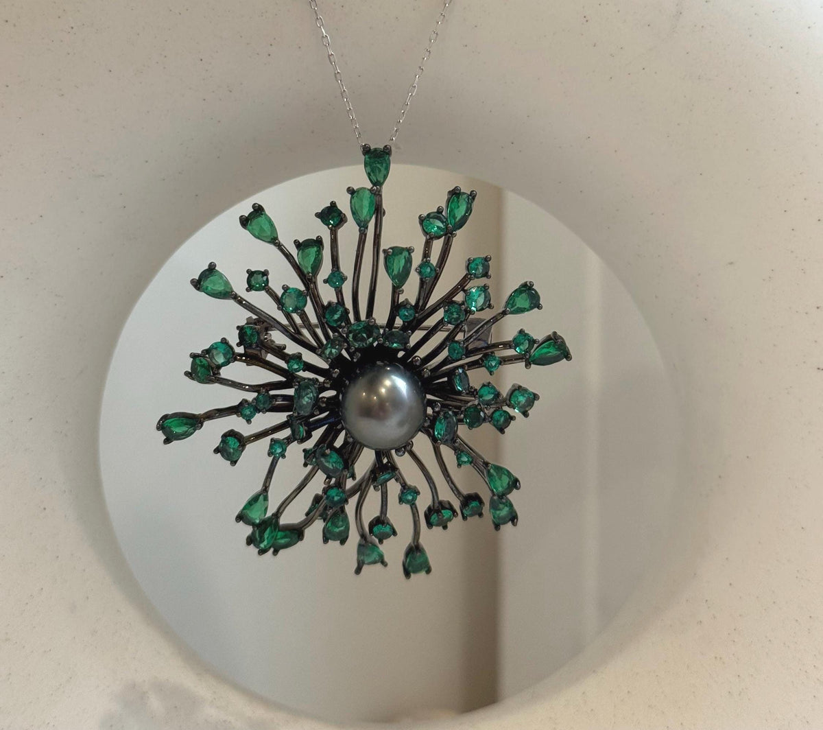 Tahitian Ocean Pearl Fireworks Brooch Pendant 2in1: Extreme luster mirrored, 10.3mm, s925 silver chain, gift for her birthday