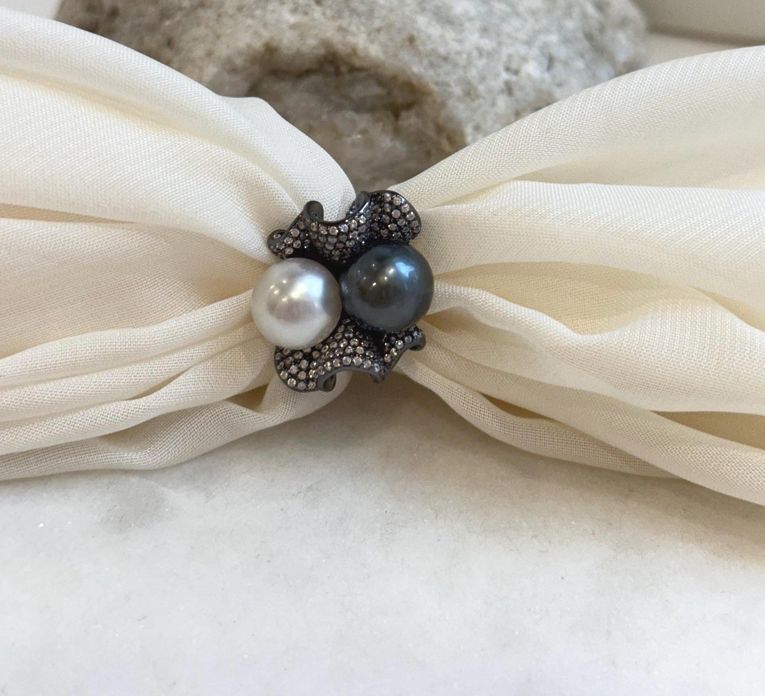 Australian Ocean White Tahitian ocean Double pearls Ring: 10.5-10.9mm, Extreme luster mirrored, Top Thick S925 Silver Adjustable Ring.