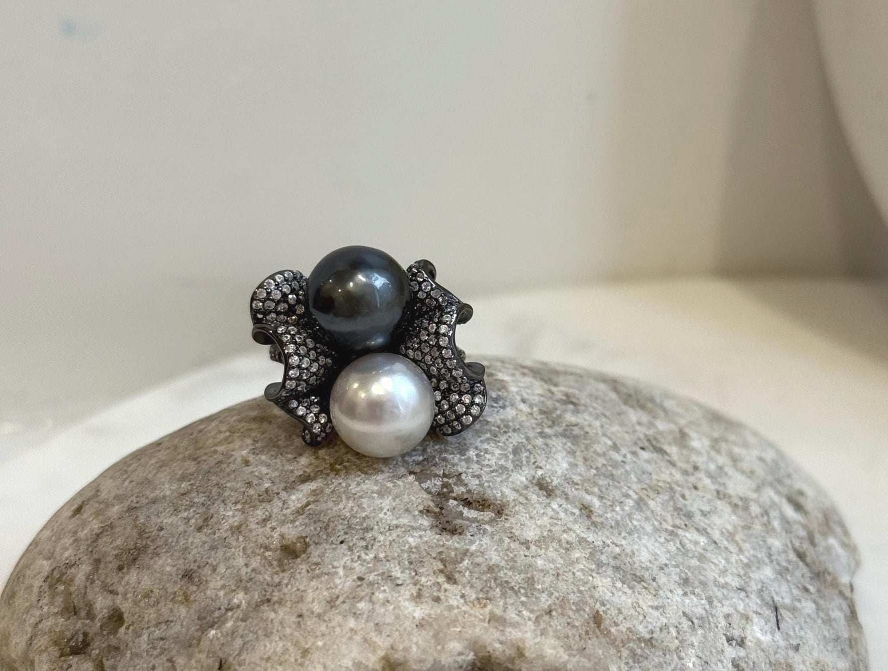 Australian Ocean White Tahitian ocean Double pearls Ring: 10.5-10.9mm, Extreme luster mirrored, Top Thick S925 Silver Adjustable Ring. gift for her birthday