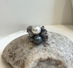 Australian Ocean White Tahitian ocean Double pearls Ring: 10.5-10.9mm, Extreme luster mirrored, Top Thick S925 Silver Adjustable Ring. gift for her daily wear