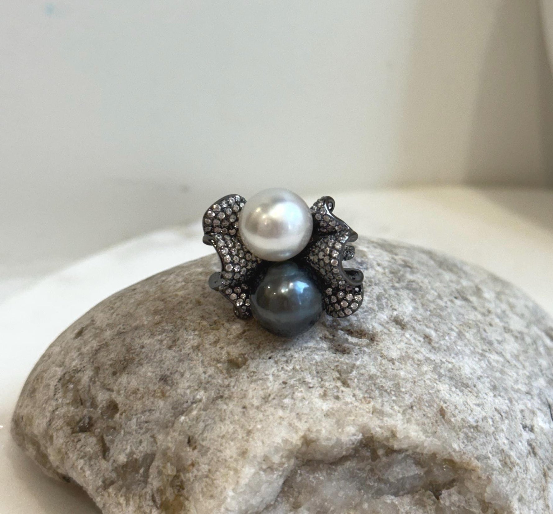 Australian Ocean White Tahitian ocean Double pearls Ring: 10.5-10.9mm, Extreme luster mirrored, Top Thick S925 Silver Adjustable Ring. gift for her daily wear