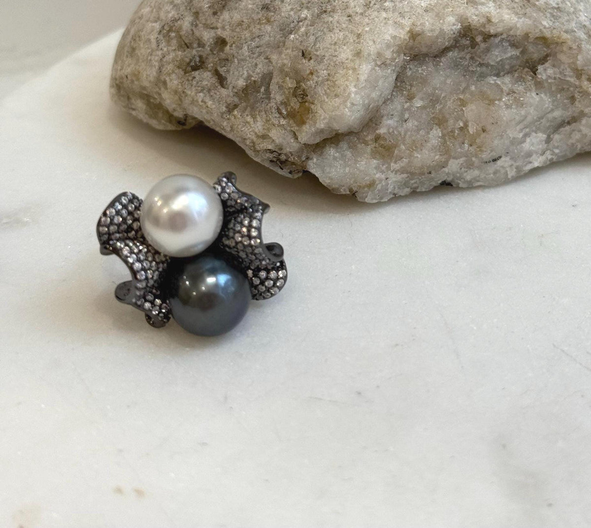 Australian Ocean White Tahitian ocean Double pearls Ring: 10.5-10.9mm, Extreme luster mirrored, Top Thick S925 Silver Adjustable Ring.