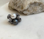 Australian Ocean White Tahitian ocean Double pearls Ring: 10.5-10.9mm, Extreme luster mirrored, Top Thick S925 Silver Adjustable Ring.