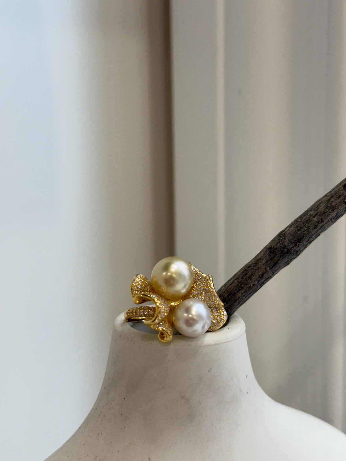 South sea golden Australian ocean white double pearls Ring: Extrem luster, 9.2-10.2mm. S925 silver adjustable Vintage Ring.