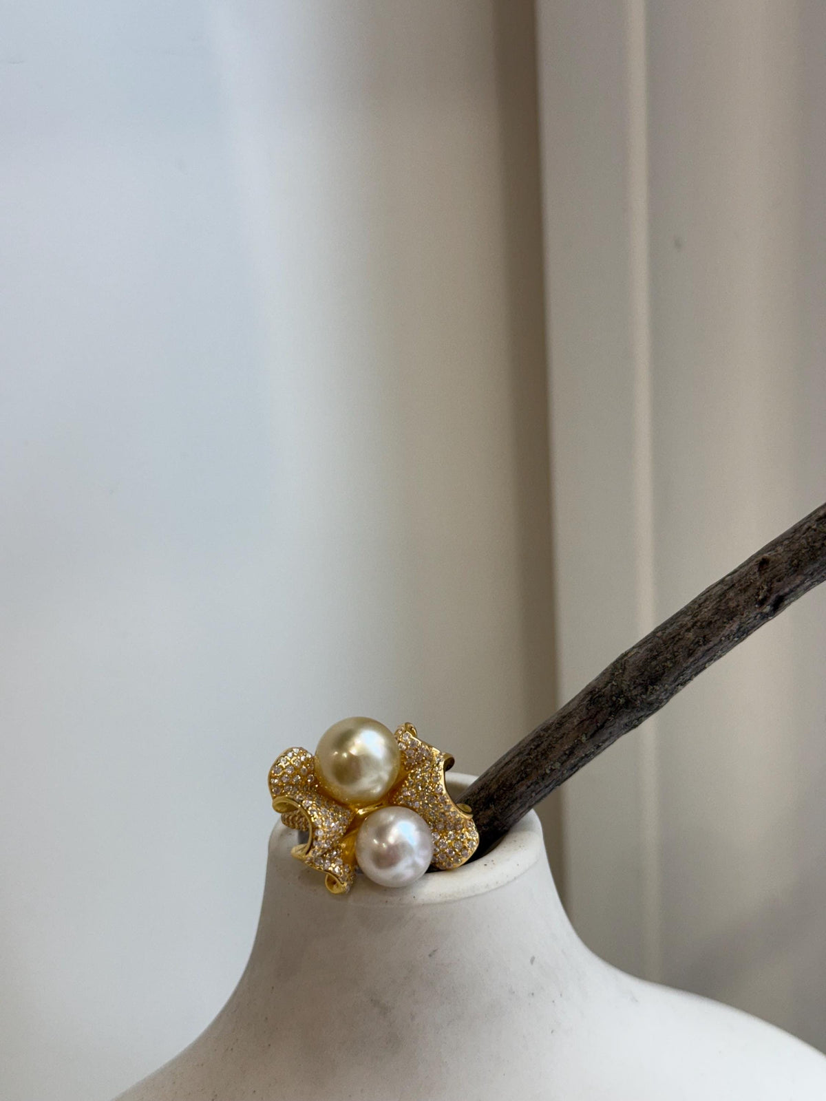 South sea golden Australian ocean white double pearls Ring: Extrem luster, 9.2-10.2mm. S925 silver adjustable Vintage Ring.