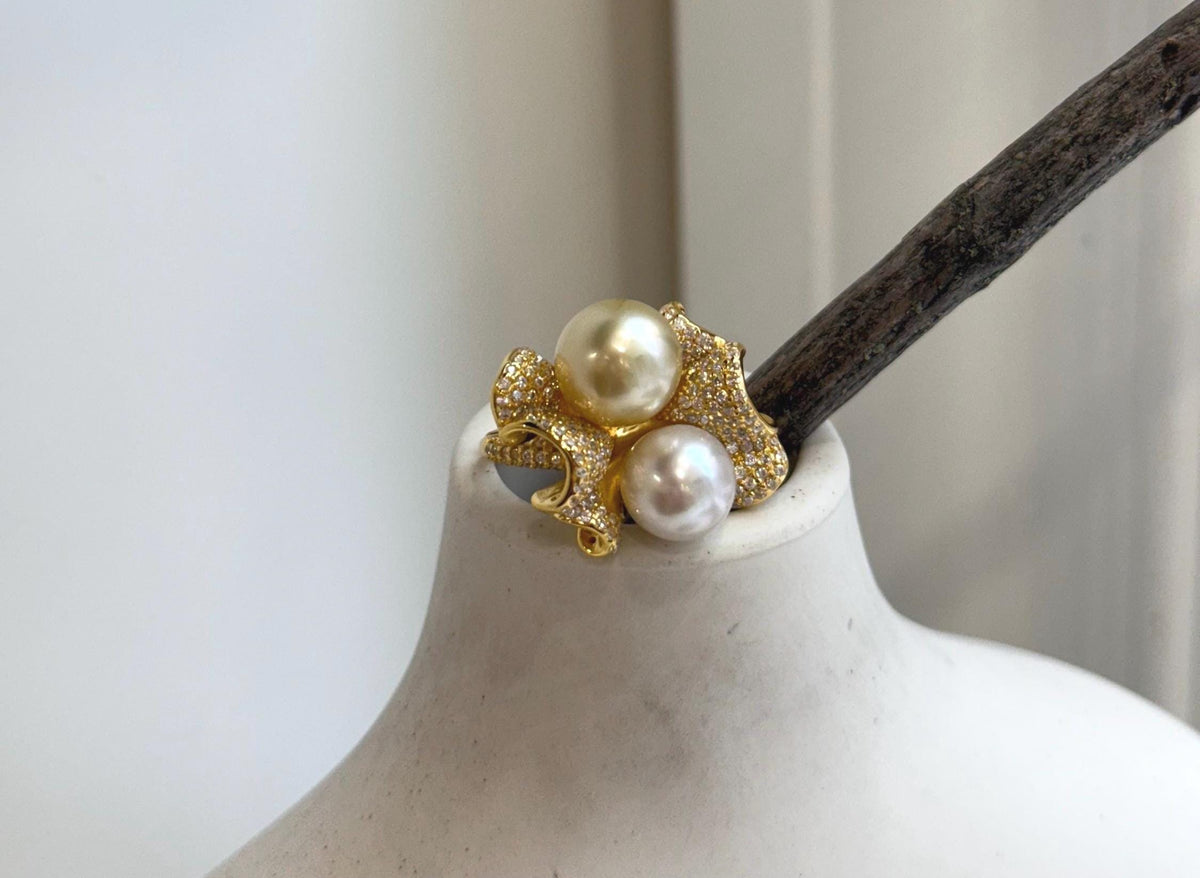 South sea golden Australian ocean white double pearls Ring: Extrem luster, 9.2-10.2mm. S925 silver adjustable Vintage Ring.