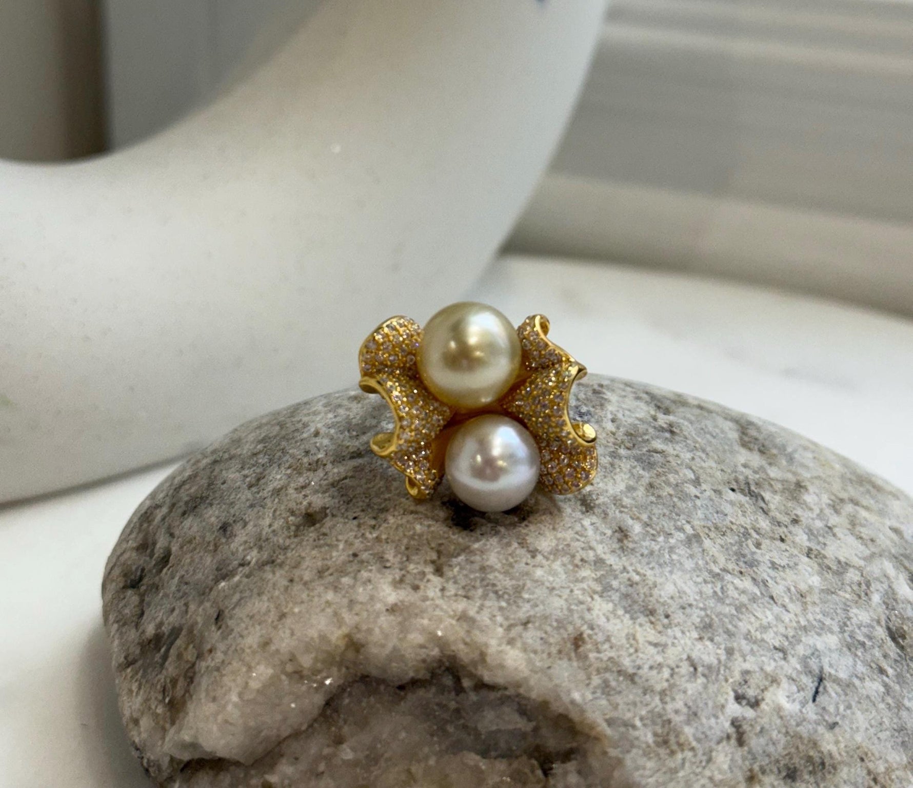 South sea golden Australian ocean white double pearls Ring: Extrem luster, 9.2-10.2mm. S925 silver adjustable Vintage Ring.