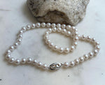 6.7-7.4mm 56pcs white freshwater pearls necklace choker: Extreme luster mirrored, hand knotted, 17.2” S925 silver necklace strand