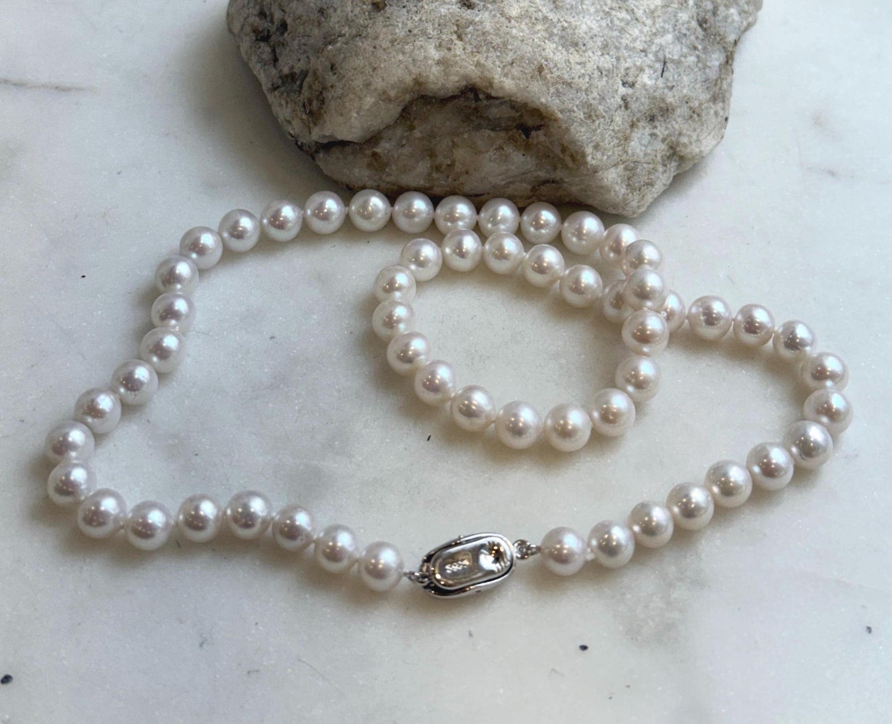 6.7-7.4mm 56pcs white freshwater pearls necklace choker: Extreme luster mirrored, hand knotted, 17.2” S925 silver necklace strand