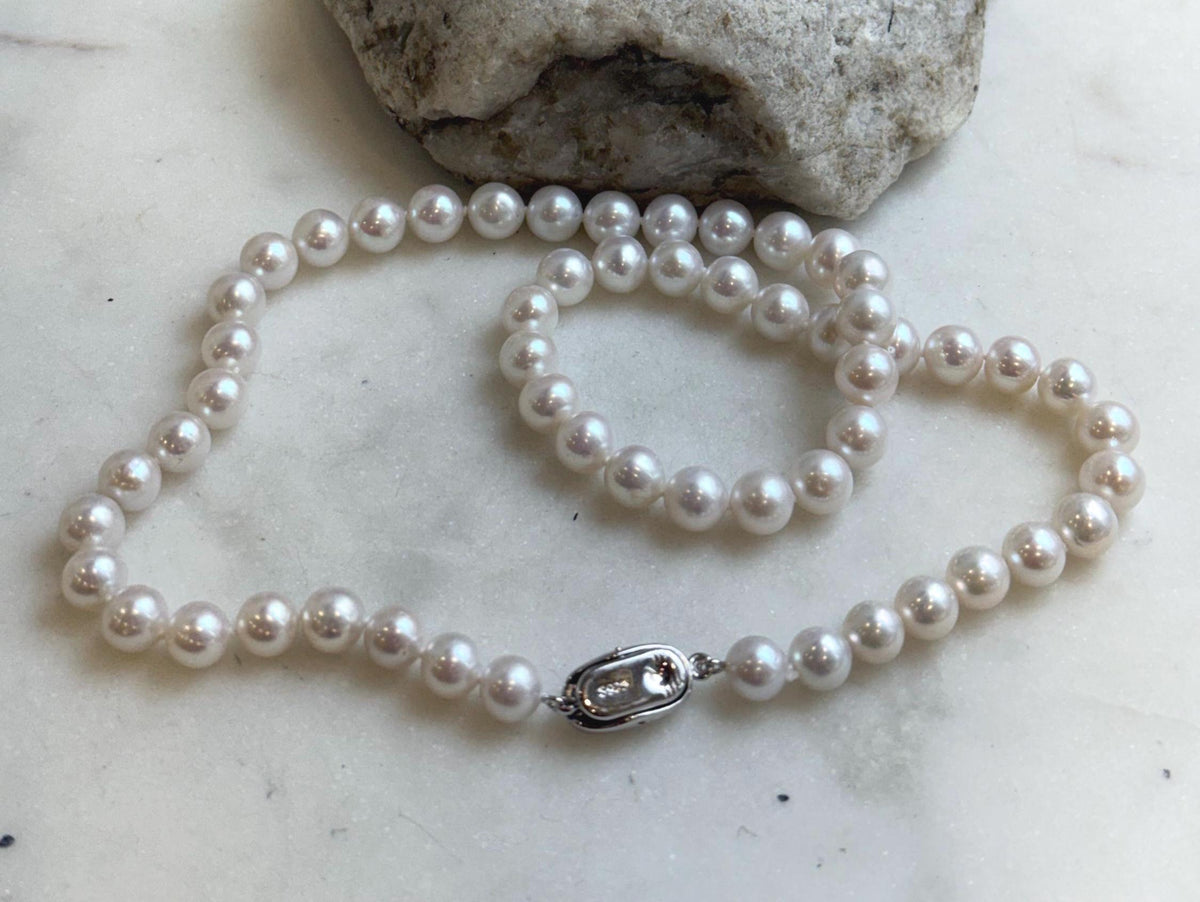 6.7-7.4mm 56pcs white freshwater pearls necklace choker: Extreme luster mirrored, hand knotted, 17.2” S925 silver necklace strand