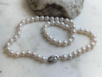 6.7-7.4mm 56pcs white freshwater pearls necklace choker: Extreme luster mirrored, hand knotted, 17.2” S925 silver necklace strand