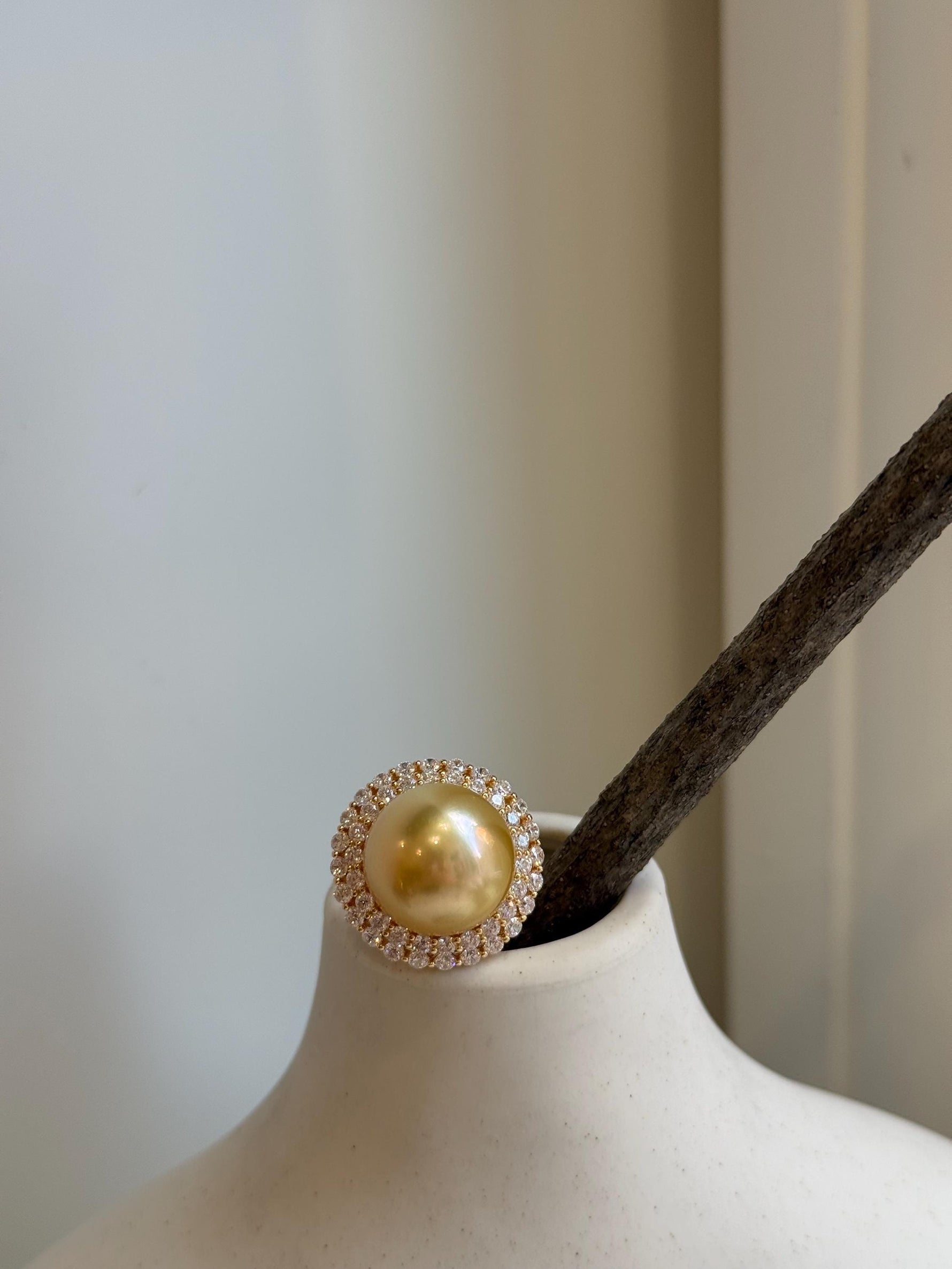 14.2mm South sea golden ocean pearl Ring: Extreme luster mirrored, 2cm dia, S925 silver adjustable Vintage Ring. Gift for her holiday