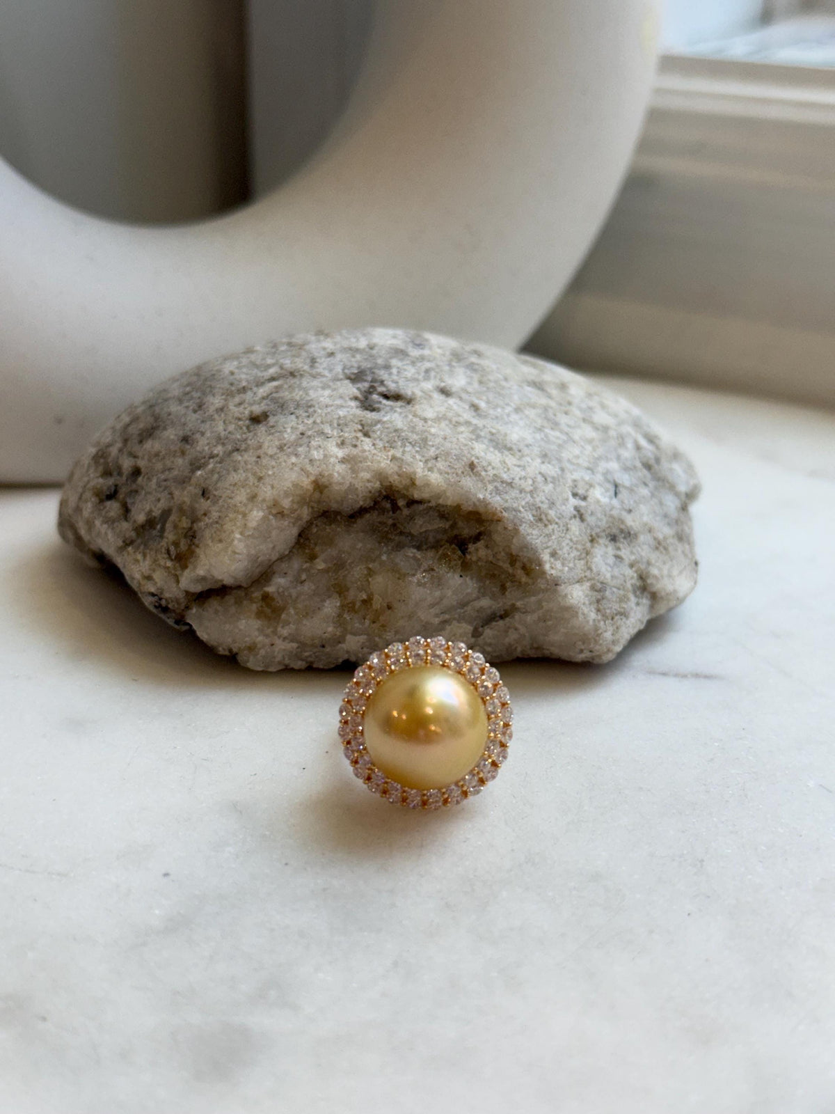 14.2mm South sea golden ocean pearl Ring: Extreme luster mirrored, 2cm dia, S925 silver adjustable Vintage Ring.