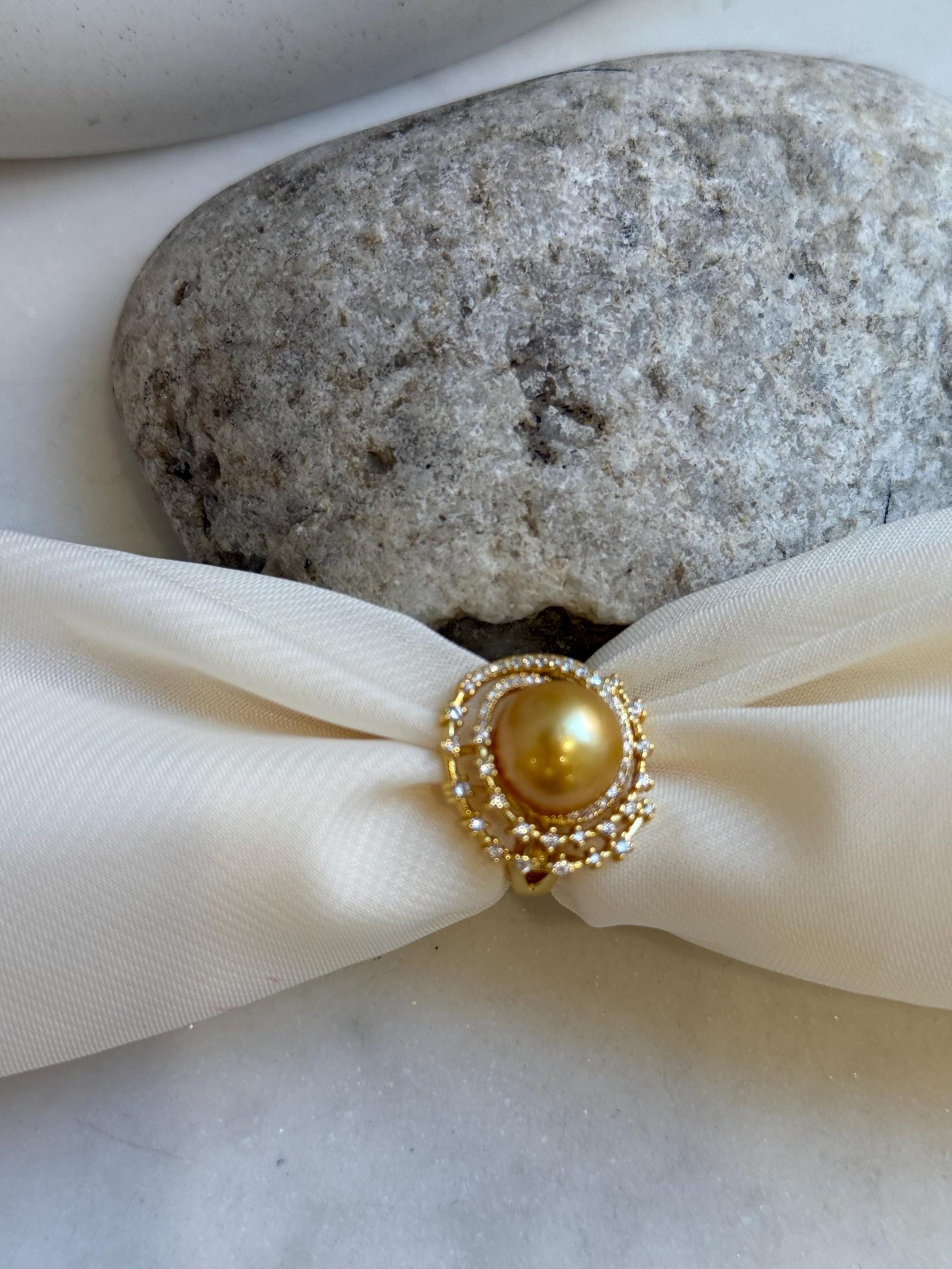 11.5mm South sea golden ocean pearl Ring: Extreme luster mirrored, S925 silver adjustable Vintage Ring. gift for  her birthday