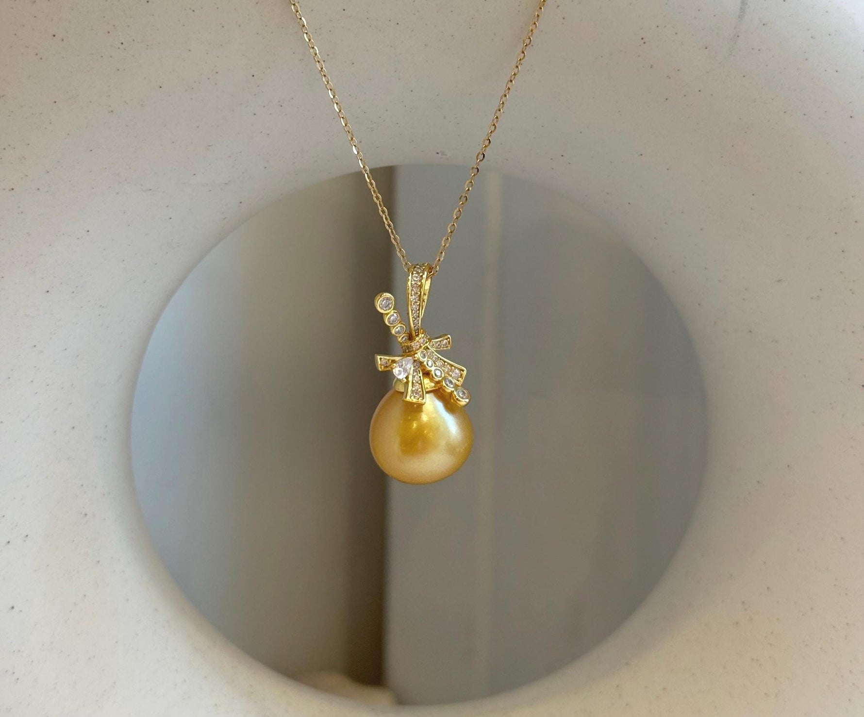 12.6mm South Sea Ocean deep Golden Butterfly bow Pendant:  Extreme Luster mirrored, 2.6cm high, S925 silver pendant chain set.Gift for her holiday