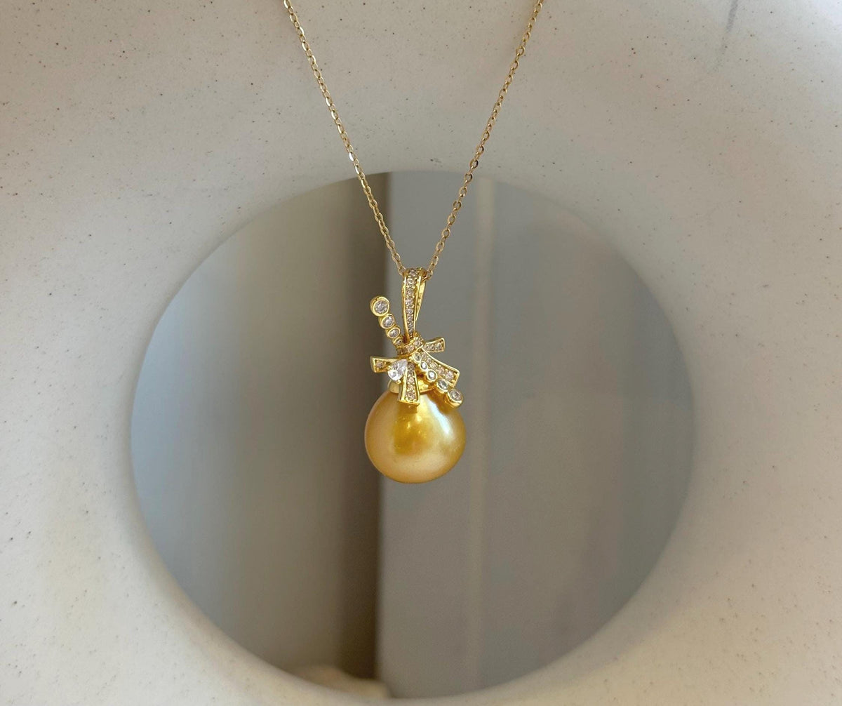 12.6mm South Sea Ocean deep Golden Butterfly bow Pendant:  Extreme Luster mirrored, 2.6cm high, S925 silver pendant chain set.