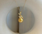 12.6mm South Sea Ocean deep Golden Butterfly bow Pendant:  Extreme Luster mirrored, 2.6cm high, S925 silver pendant chain set.