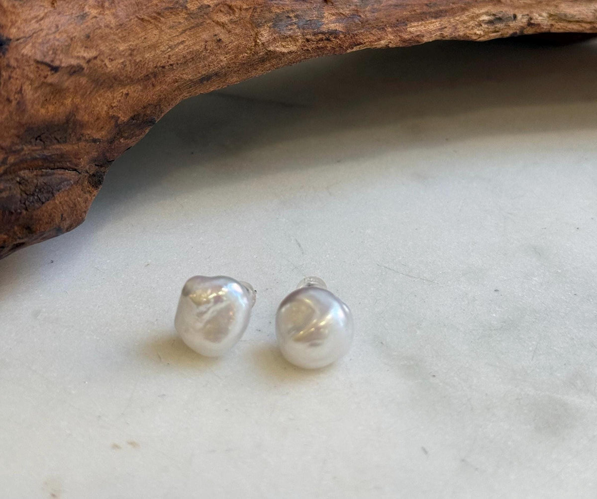 12mm Freshwater Keshi Pearls Earrings: Extreme luster mirrored, white iridescent, S925 silver minimalist earrings studs.