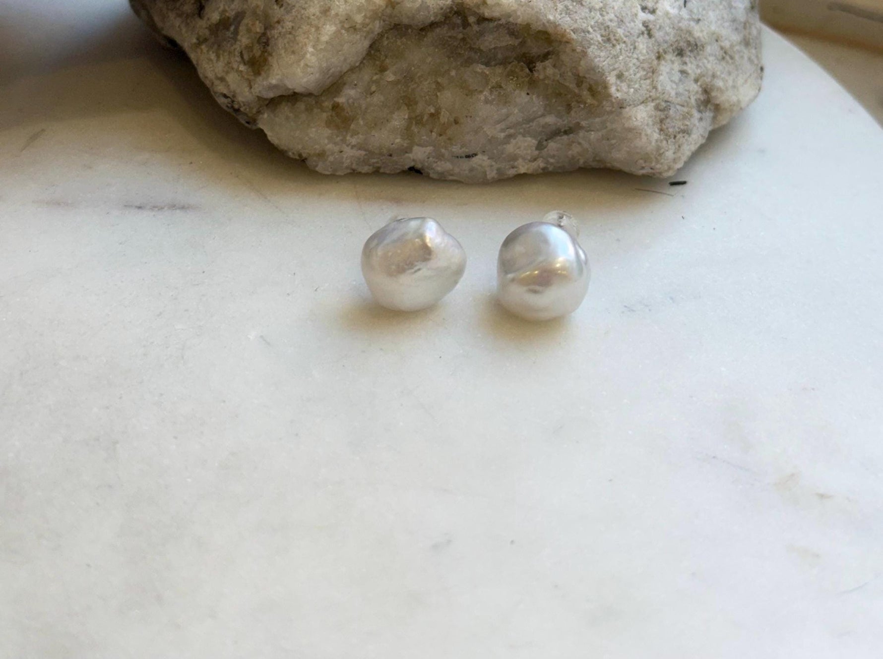 12mm Freshwater Keshi Pearls Earrings: Extreme luster mirrored, white iridescent, S925 silver minimalist earrings studs.