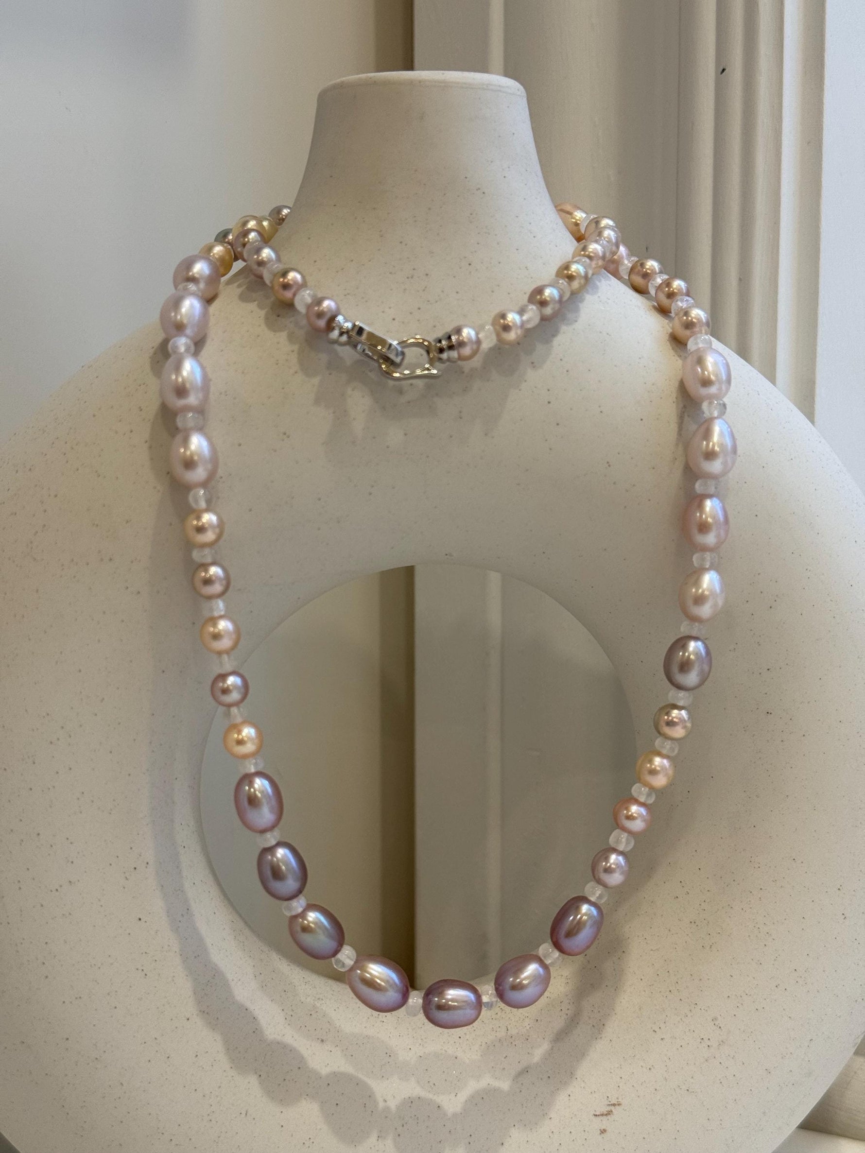 20” 5.5-7.9mm Multicolor Pearls Necklace: Extreme luster mirrored, S925 silver Long necklace with moonstones.