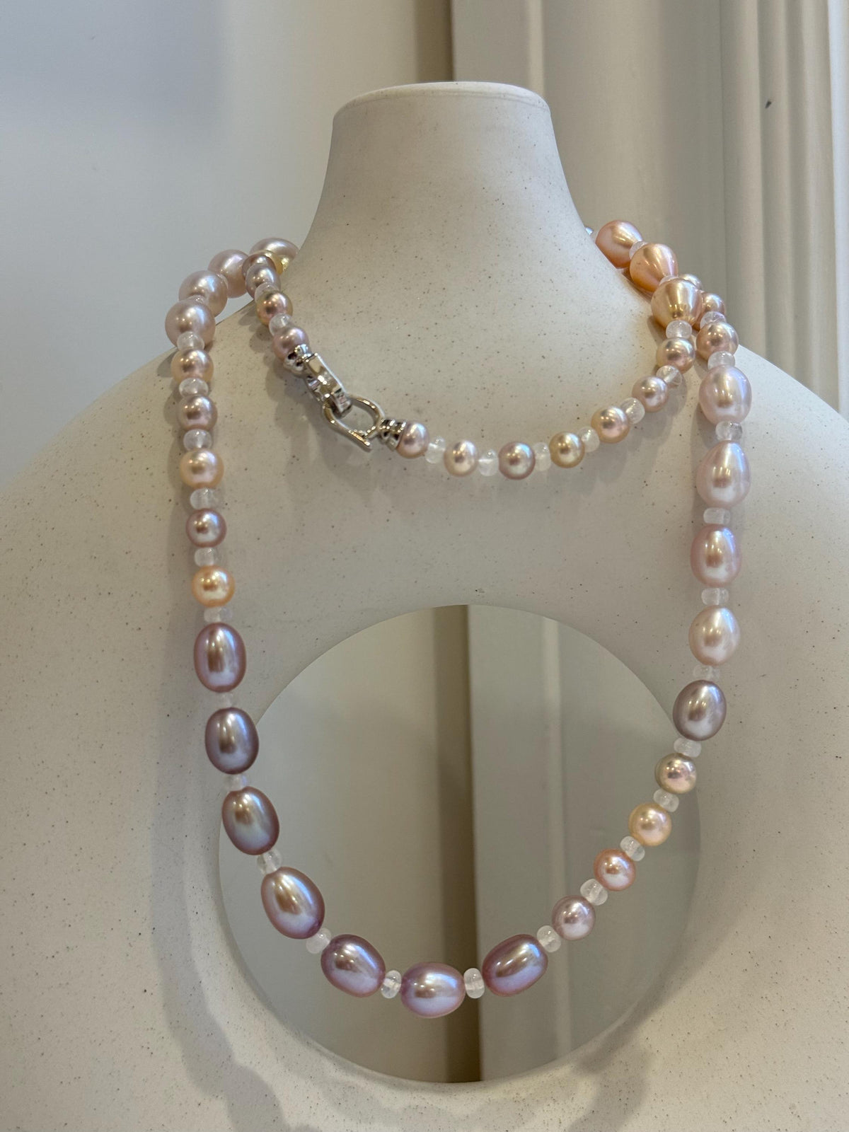 20” 5.5-7.9mm Multicolor Pearls Necklace: Extreme luster mirrored, S925 silver Long necklace with moonstones.