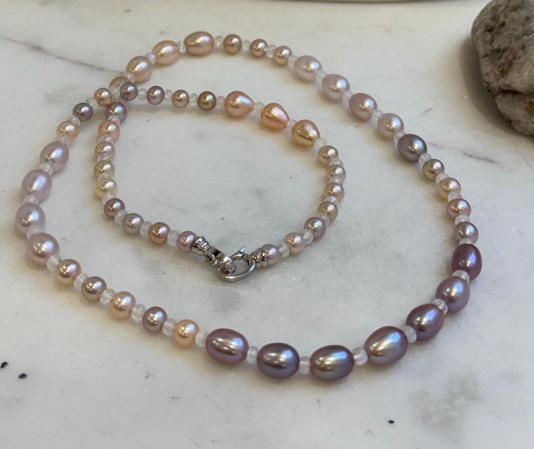 20” 5.5-7.9mm Multicolor Pearls Necklace: Extreme luster mirrored, S925 silver Long necklace with moonstones.